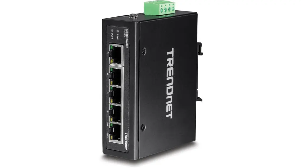 Produktfoto 1 von Trendnet TI-G Industrial-Ethernet-Switch / 10Mbps, 100 Mbps, 1000 Mbps 5, DIN-Hutschiene, Wand, 12 to 56 V dc
