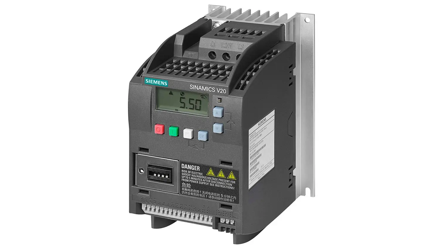 Produktfoto 1 von Siemens SINAMICS V20 3-Phasen Frequenzumrichter 0.37 kW 480 V 1.3 A 550Hz
