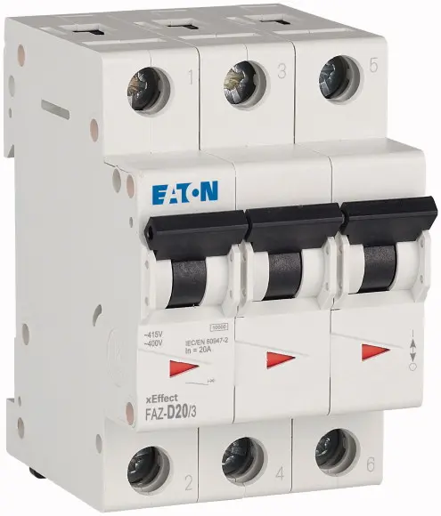 Produktfoto 1 von Eaton xEffect Miniaturüberlastschalter Typ D, Pol 3-polig 20 A 415 V ac, Abschaltvermögen 10 kA xEffect