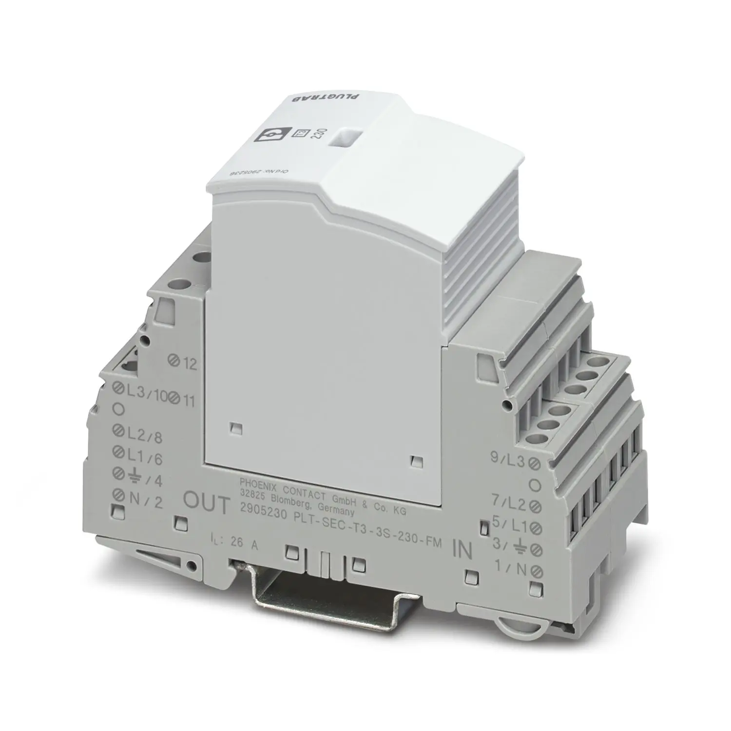 Produktfoto 1 von Phoenix Contact, 2905230, Überspannungsableiter, , DIN-Schienen, 3-phasig, ≤1,5kV PLT-SEC-T3-3S-230-FM