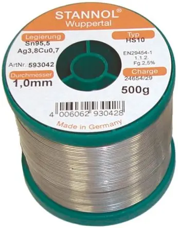 Stannol Draht Lötzinn bleifrei 95.5 %Sn 0 %Pb 0.7 %Cu 3.8 %Ag, 217 °C, Ø 0.7 mm / 500 g