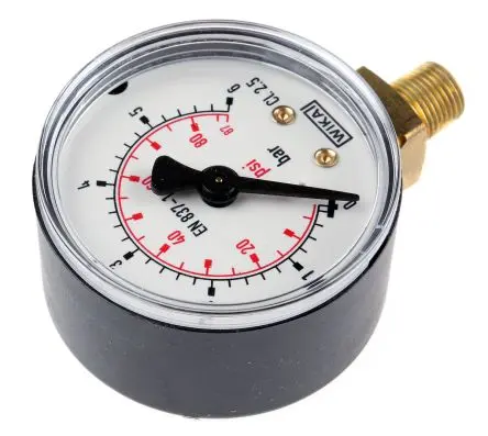 Produktfoto 1 von WIKA R Konisches Gewinde 111.10 Manometer 50 mm 0 bar → 6 bar ±2.5 % Kunststoff Gehäuse 1/8 in R, ISO-kalibriert