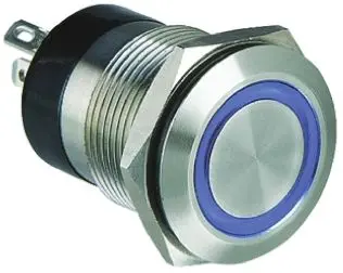 Produktfoto 1 von Bulgin MPI002 Druckschalter Blau Beleuchtet Tastend Panel Ø 19.2 mm, SPST / 50mA 24 V dc, IP66