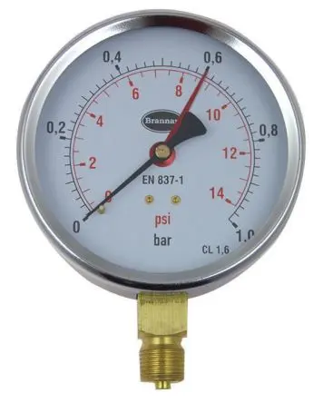 Brannan Typ G Manometer 100 mm 0 bar → 1 bar Stahl Gehäuse G 3/8, ISO-kalibriert