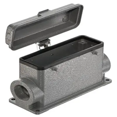 Produktfoto 1 von HARTING Han B Oberflächenmontiertes Gehäuse Doppelter Hebel 2, Oberfläche 24B Haube für seitliche Kabeleinführung, IP65