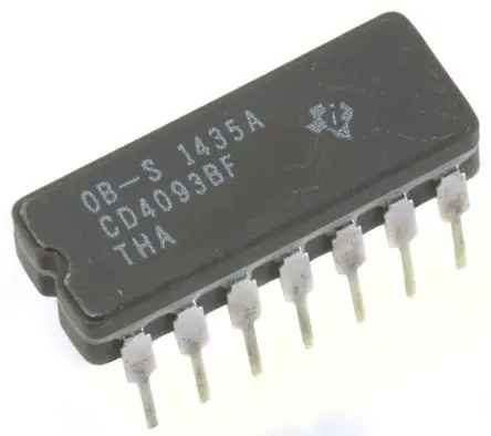 Produktfoto 1 von Texas Instruments Logikgatter, 4-Elem., NAND, 4000, CMOS, 4.2 mA, 14-Pin, CDIP, 2 Schmitt-Trigger-Eingang