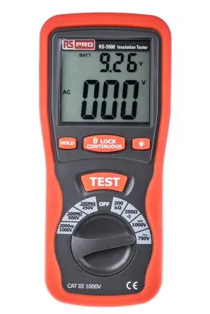 Produktfoto 1 von RS PRO RS5500 Isolationsprüfer 250 V, 200mA, 1000 V Isolationsprüfer 4000 mΩ CAT III, DKD/DAkkS-kalibriert