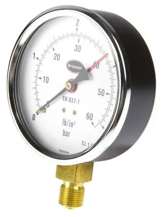 Produktfoto 1 von Brannan BSP Messing PG020 Manometer 0 bar → 4 bar Stahl Gehäuse G 3/8, DKD/DAkkS-kalibriert