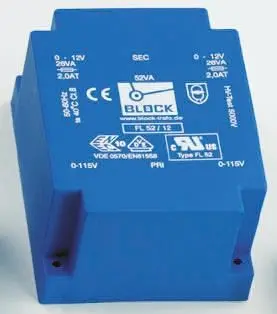 Produktfoto 1 von Block Printtrafo, Trafo 115 V ac, 230 V ac / 9 V ac 2 Ausg. 83.5 mm x 39mm x 70 mm 0.98 kg Stift