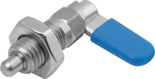 SPERRRIEGEL MIT SECHSKANT, D=5, M10X1, SW1=10, FORM:D, MIT KAPPE, MIT MUTTER, EDELSTAHL BLANK, KOMP:THERMOPLAST BLAU