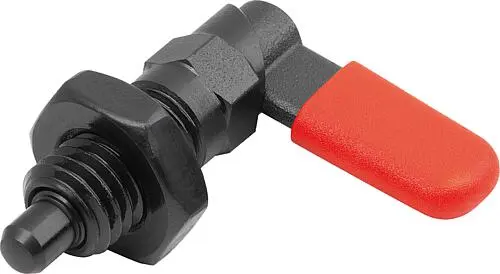 SPERRRIEGEL MIT ANSCHLAG, LINKS, D=6, M10, FORM:D M. GEW.HÜLSE/MUTTER/KAPPE, STAHL BRÜNIERT, KOMP:POLYPROPYLEN ROT