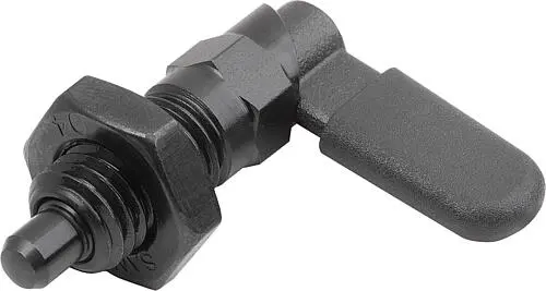 SPERRRIEGEL MIT ANSCHLAG, RECHTS, D=4, M10, FORM:D M. GEW.HÜLSE/MUTTER/KAPPE, STAHL BRÜNIERT, KOMP:POLYPROPYLEN
