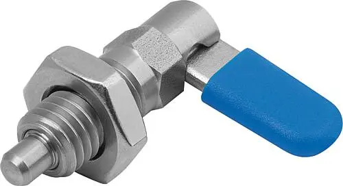 SPERRRIEGEL MIT ANSCHLAG, LINKS, D=8, M16, FORM:D M. GEW.HÜLSE/MUTTER/KAPPE, EDELSTAHL BLANK, KOMP:POLYPROPYLEN BLAU