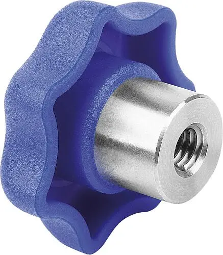 Produktfoto 1 von STERNGRIFF VISUELLDETEKTIERBAR, MIT VORSTEHENDER BUCHSE D=M06, D1=32, H=21, FORM:K MIT GEWINDEBUCHSE, POLYAMID BLAU