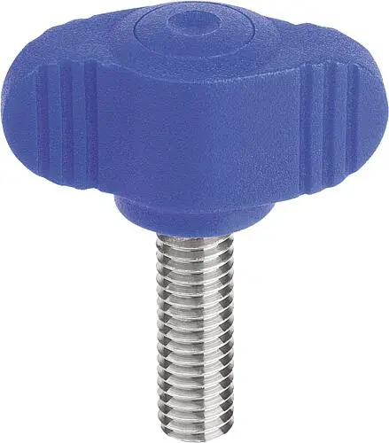 Produktfoto 1 von FLÜGELGRIFF VISUELLDETEKTIERBAR, MINIWING D=M05X20 A=28, H=15, FORM:L MIT AUßENGEWINDE, POLYAMID BLAU