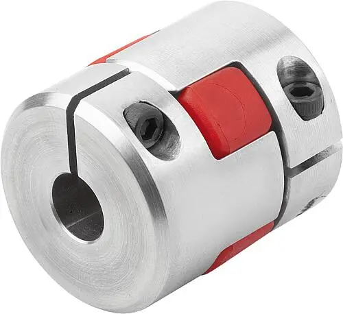 ELASTOMER-KLAUENKUPPLUNG MIT RADIALER KLEMMNABE GR.48, D1=25, D2=25, L=140, ALUMINIUM, KOMP:POLYURETHAN, ROT, D4=105
