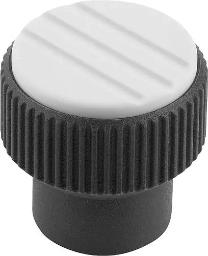 Produktfoto 1 von RÄNDELKNOPF GR.1 D=M05, D1=21, H=22, THERMOPLAST SCHWARZGRAU RAL7021, KOMP:STAHL, DECKEL:GRAU RAL7035