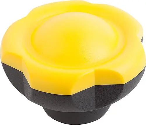 Produktfoto 1 von FÜNFSTERNGRIFF D1=63 D=M12 H=44, FORM:K, THERMOPLAST SCHWARZGRAU RAL7021, KOMP:STAHL, DECKEL:GELB RAL1021