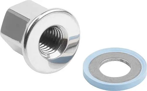 Produktfoto 1 von HUTMUTTER M. DICHT + UNTERLAGSCHEIBE, D=M05, SW=8, EDELSTAHL 1.4404 POLIERT, HYGIENIC USIT®, KOMP:FLUOROPRENE XP45