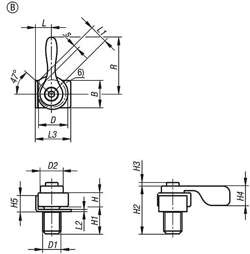 Produktfoto 1 von SPANNEXZENTER MIT SPANNHEBEL, FORM:B MIT SPANNBLECH, M10, F=0,5, VERGÜTUNGSSTAHL BRÜNIERT KOMP:EDELSTAHL
