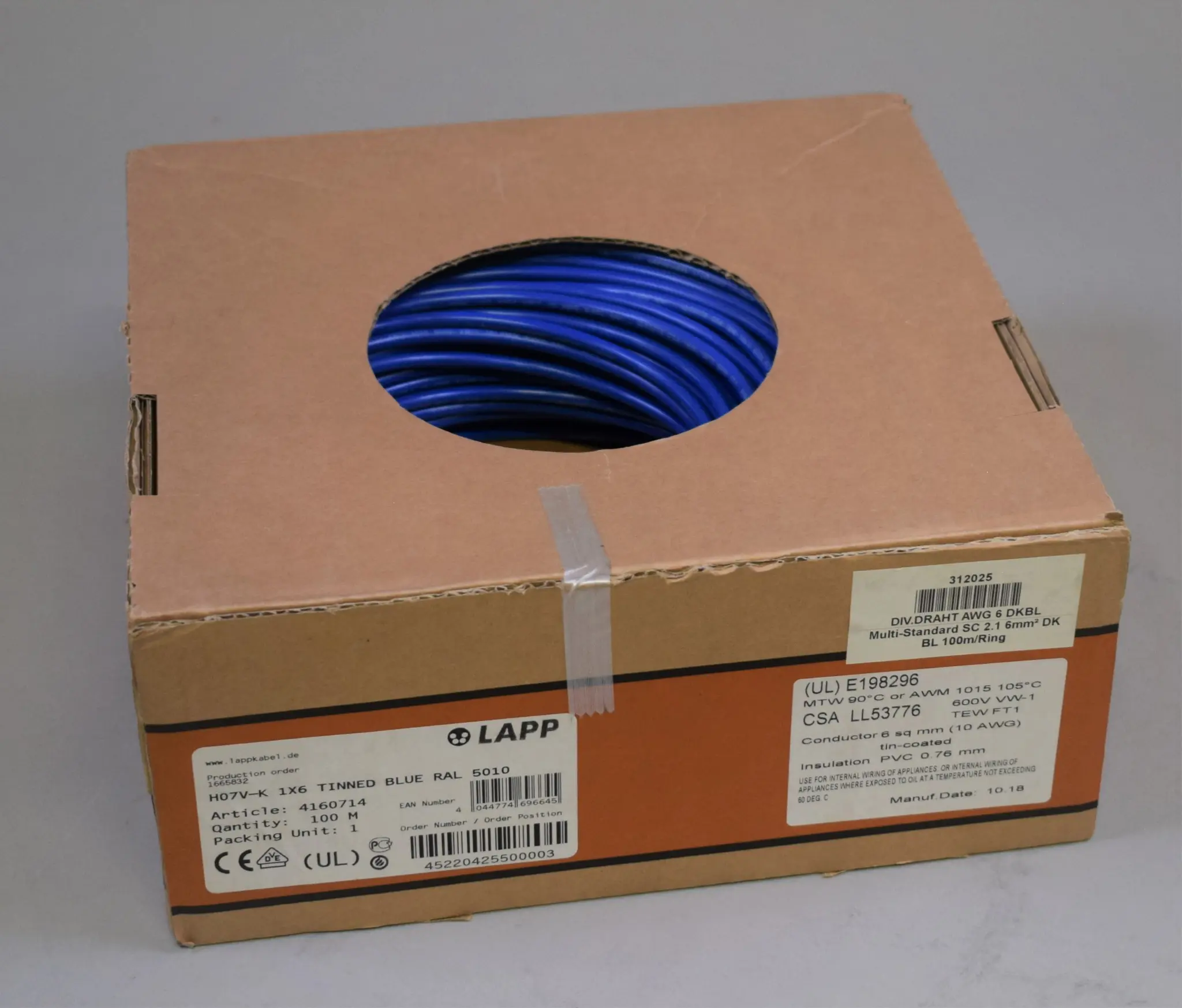 Produktfoto 1 von H07V-K 1x6 mm2 TINNED BLUE RAL 5010
