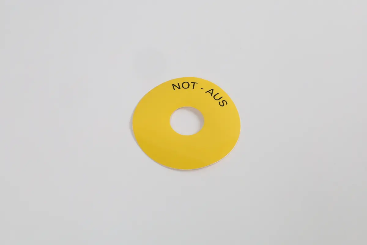 Produktfoto 1 von Unterlegschild rund für Not-Halt-Pilzdrucktaster, gelb, Außendurchmesser 75mm, I