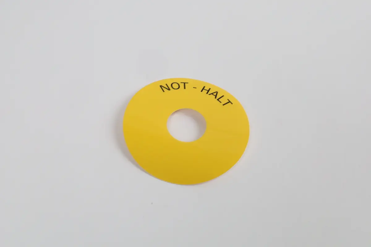 Produktfoto 1 von Unterlegschild rund, für Not-Halt-Pilzdrucktaster, gelb, Außendurchmesser 75mm