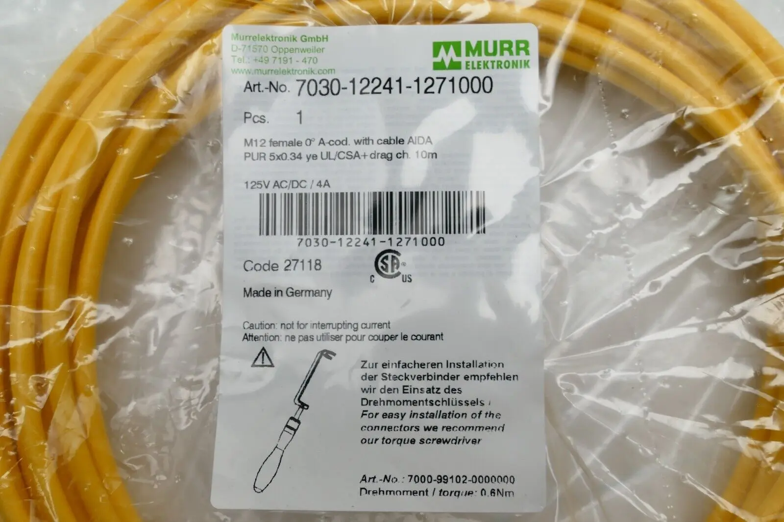 Produktfoto 1 von Murr Elektronik M12 Bu. 0° A-kod. freies Ltg-ende AIDA 10m | 7030-12241-1271000