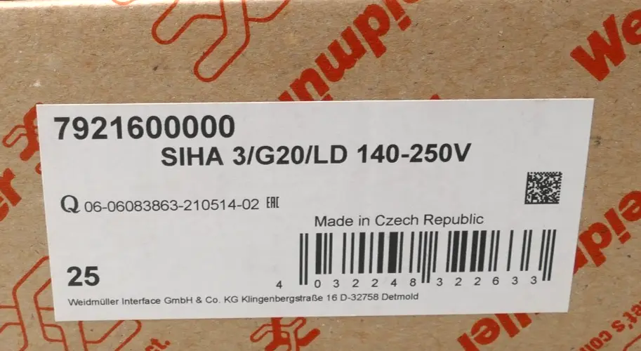 Produktfoto 1 von 25x Weidmüller Sicherungshalter (Klemmen) SIHA 3/G20/LD 140-250V | 7921600000