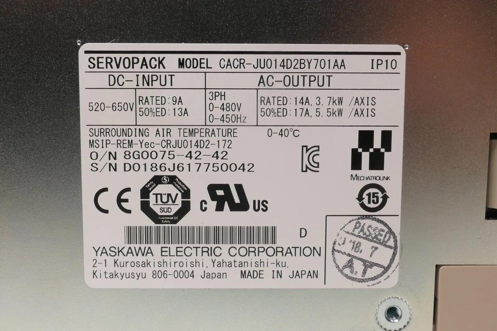 Yaskawa Electric Servopack Model CACR-JU014D2BY701AA