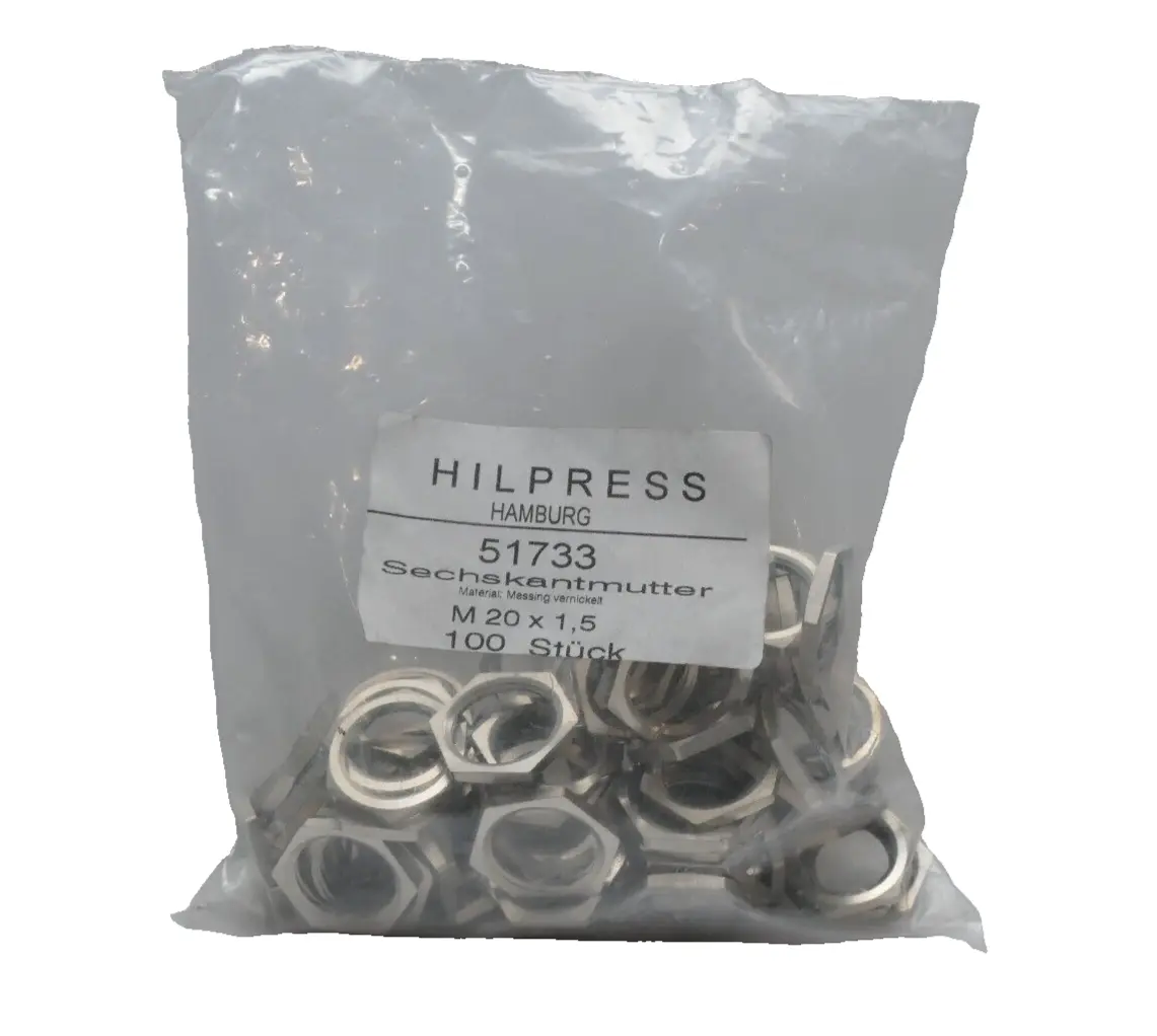Produktfoto 1 von 100x Hilpress Sechskantmutter 51733 | M20x1,5 | Messing-Vernickelt