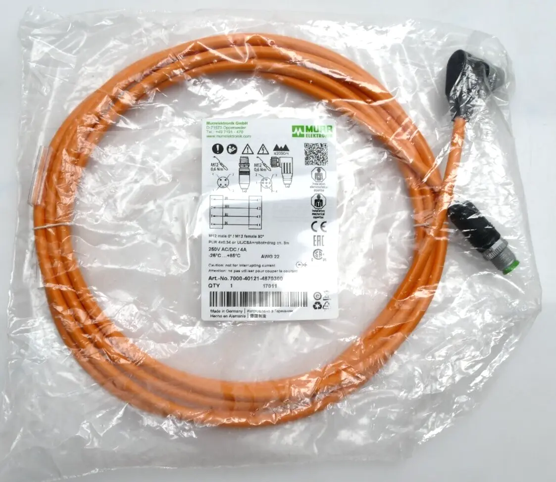 Produktfoto 1 von Murr Elektronik M12 St. 0° / M12 Bu. 90° A-kod. Kabel 3m | 7000-40121-4870300