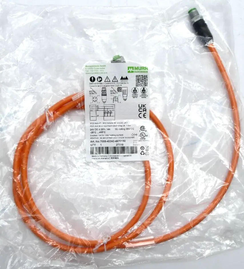 Produktfoto 1 von Murr Elektronik M12 St. 0° / M12 Bu. 90° A-kod. LED 1,5m | 7000-40343-4870150