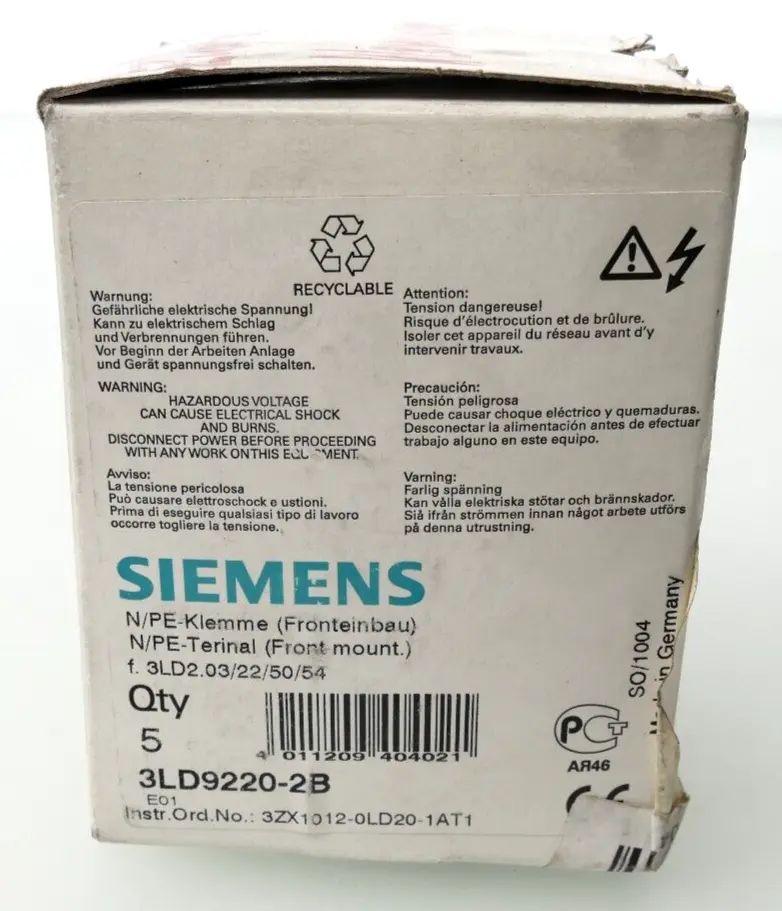 Produktfoto 1 von 4x Siemens N/PE-Klemme (Fronteinbau) 3LD9 220-2B | E:01 | 3LD9220-2B