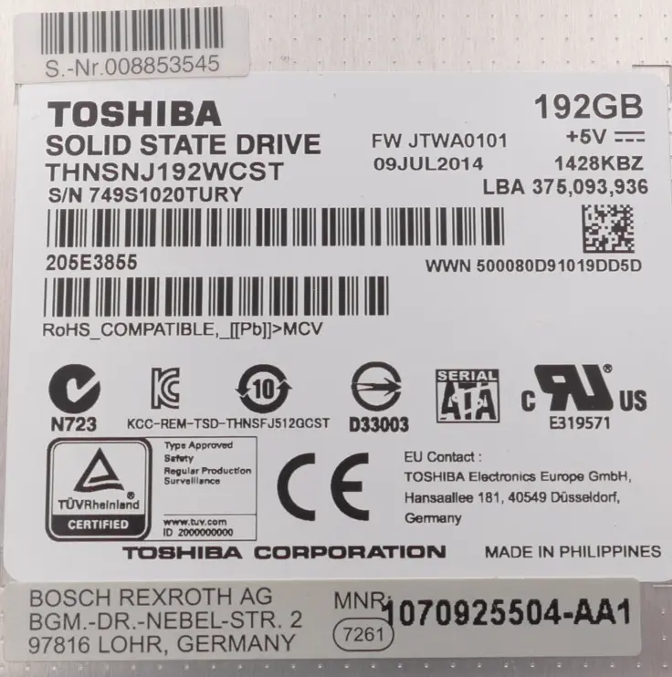 Produktfoto 1 von Toshiba Bosch Rexroth Solid State Drive 192GB THNSNJ192WCST | 1070925504-AA1