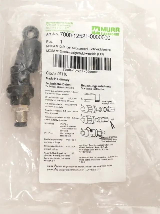 Produktfoto 1 von Murr Elektronik M12 St. 0° A-kod. Schneidklemmanschluss | 7000-12521-0000000