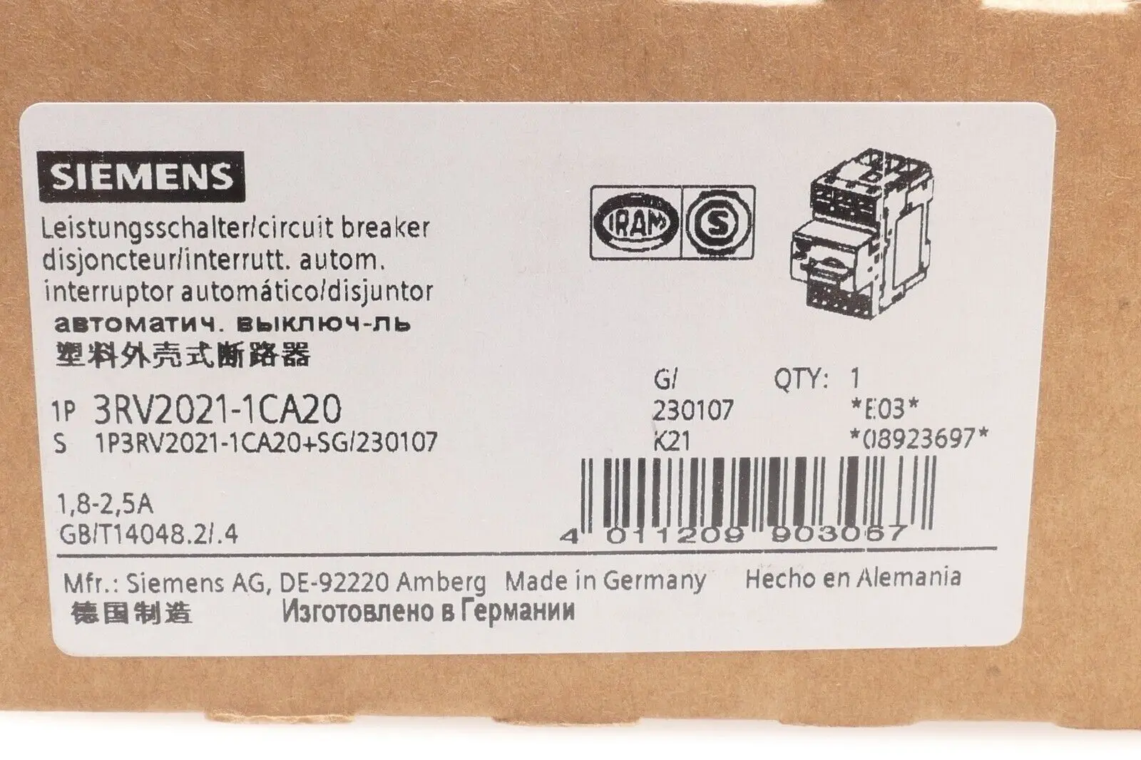 Siemens Leistungsschalter 3RV2 021-1CA20 | E:03 | 3RV2021-1CA20