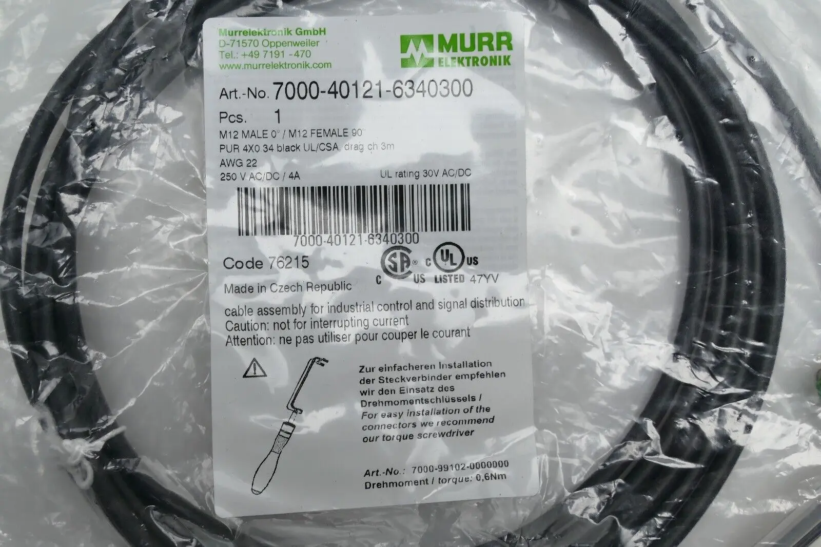 Produktfoto 1 von Murr Elektronik M12 St. 0° / M12 Bu. 90° A-kod. Kabel 3m | 7000-40121-6340300