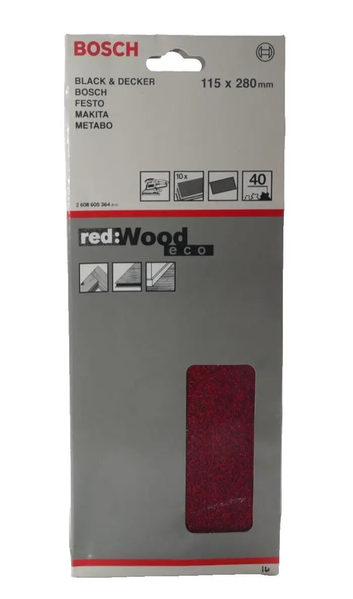 Produktfoto 1 von 10x Bosch red:Wood eco Schleifblätter Körnung 40 | 115x280mm | 2608605364-810