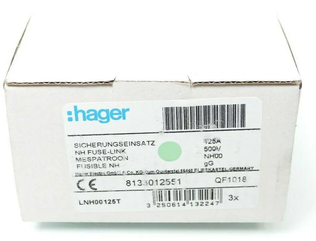 Produktfoto 1 von 3x Hager QF1018 NH-Sicherungseinsatz NH00 gG 500V 125A | LNH00125T