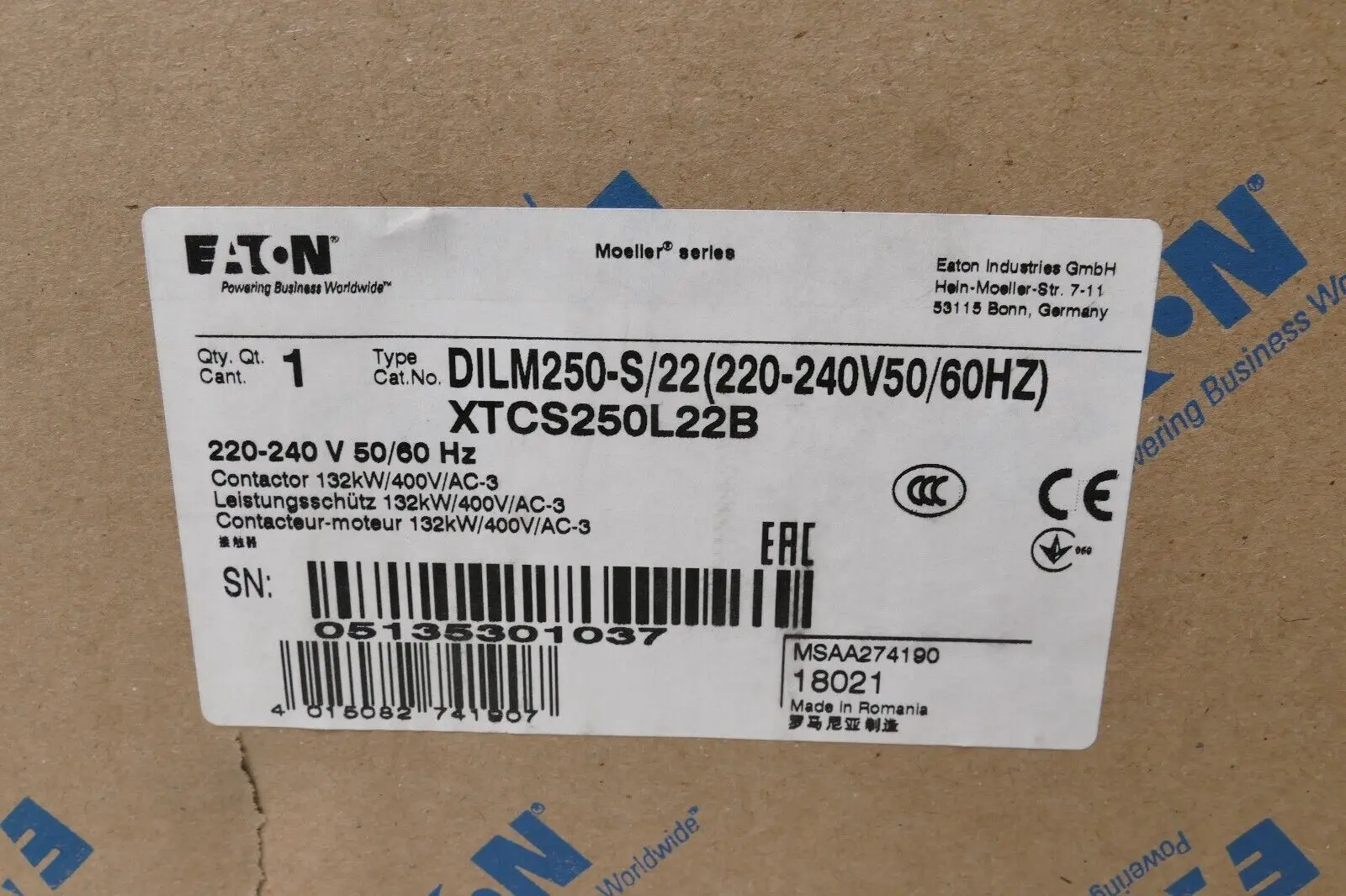 Produktfoto 1 von Eaton Moeller Leistungsschütz DILM250-S(220-240V50/60HZ) | XTCS250L22B | 274190