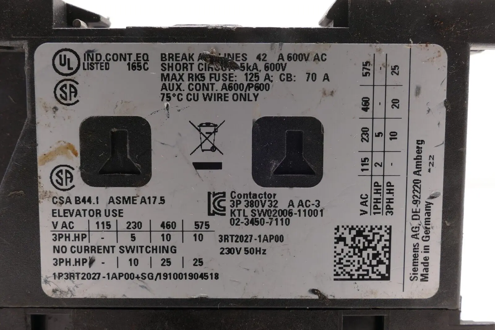 Produktfoto 1 von Siemens Leitungsschütz 3RT2 027-1AP00 | E:03 | 3RT2027-1AP00