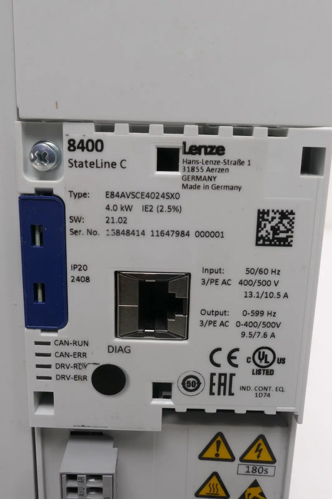 Produktfoto 1 von Lenze Inverter Drives 8400 StateLine C | SW:21.02 | E84AVSCE4024SX0-XXKXX