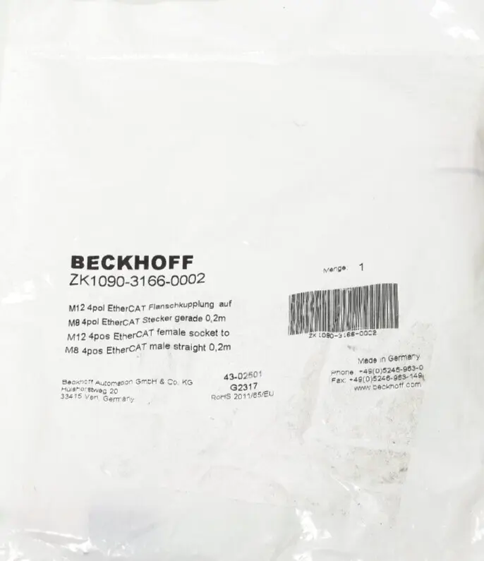 Produktfoto 1 von Beckhoff M12 EtherCAT Flanschkpl. auf M8 Stecker gerade 0,2m | ZK1090-3166-0002