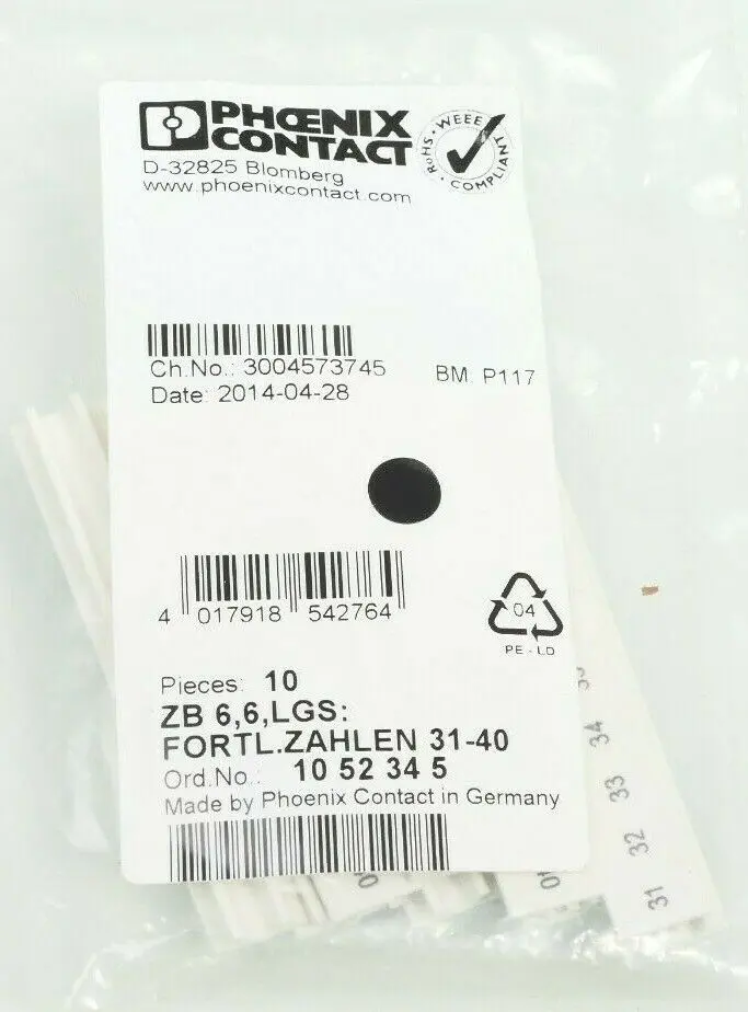 Produktfoto 1 von 10x Phoenix Contact Klemmenmarkierung ZB 6,6,LGS FORTL.ZAHLEN 31-40 | 1052345