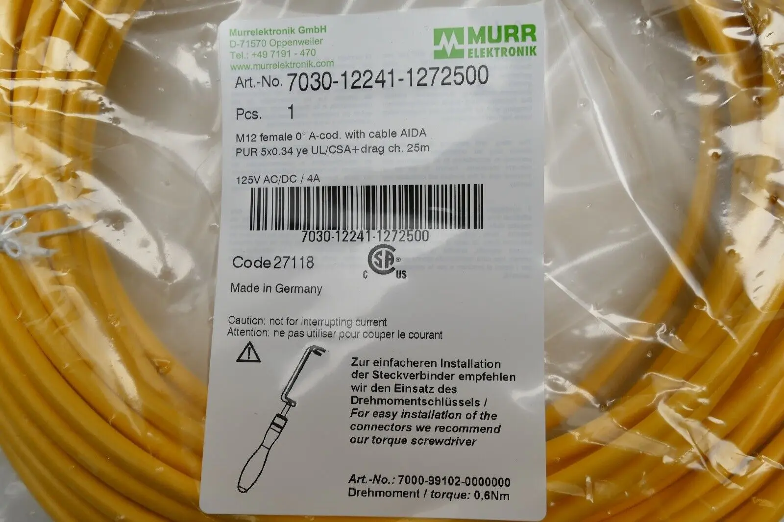 Produktfoto 1 von Murr Elektronik M12 Bu. 0° A-kod. freies Ltg-ende AIDA 25m | 7030-12241-1272500