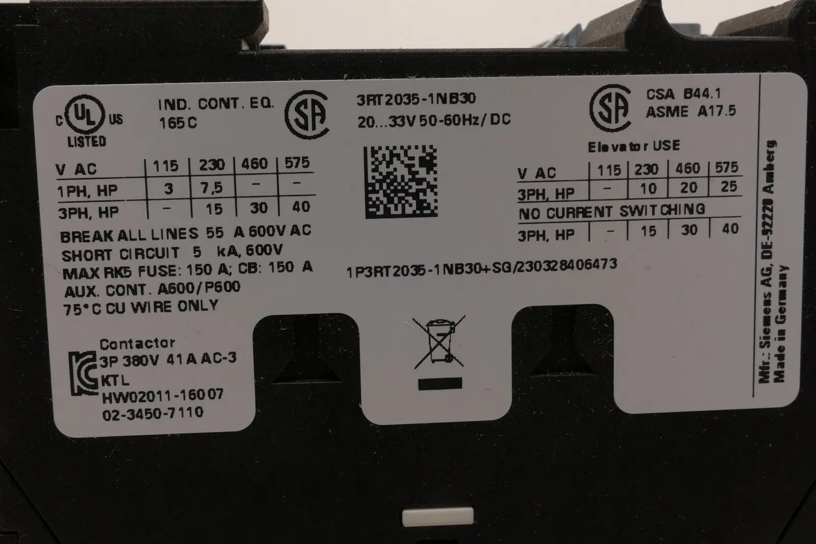 Produktfoto 1 von Siemens SIRIUS Schütz 3RT2 035-1NB30 | E:04 | 3RT2035-1NB30