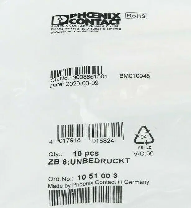 Produktfoto 1 von 10x Phoenix Contact 10 51 00 3 | ZB6: Unbedruckt | 1051003