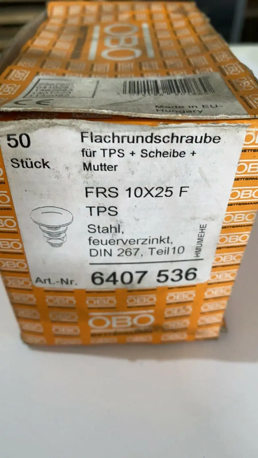 Produktfoto 1 von 50x OBO FRS 10X25 F TPS Flachrundschraube für TPS + Scheibe + Mutter 6407536