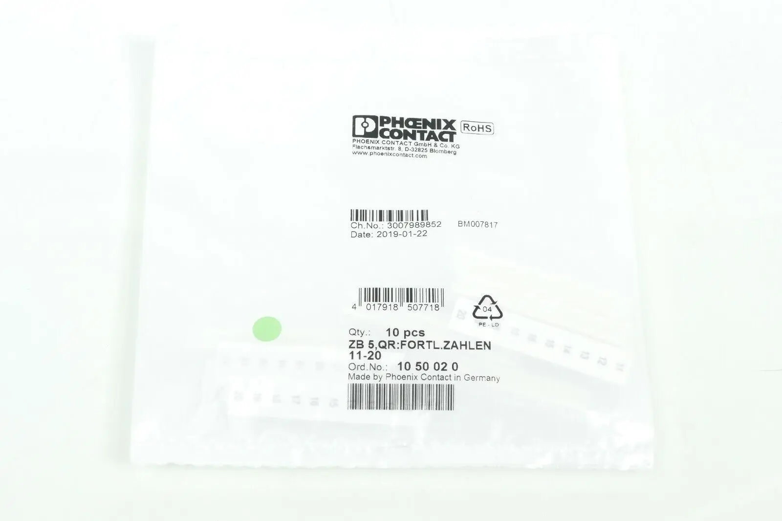 Produktfoto 1 von 10x Phoenix Contact Klemmenmarkierung ZB 5, QR: FORTL. ZAHLEN 11-20 | 1050020